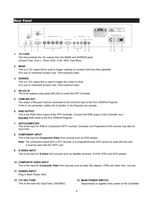 Page 11Rear Panel
8
12V TRIGGER
12V FUSERGB VIDEO OUTPUT VIDEO INPUTS
RS-232 IN
MADE IN USA
AC 120V 60Hz, 15W
MASK
SCREENHDTV/COMPUTER COMPOSITE V
HB G R Y Pr PbS-VIDEO
MADE IN USARUNCO INTERNATIONAL
HAYWARD, CA
CAUTION: TO REDUCE THE RISK OF ELECTRIC 
SHOCK, DO NOT REMOVE COVER. NO USER- 
SERVICEABLE PARTS INSIDE. REFER SERVICING 
TO QUALIFIED SERVICE CENTER.AV I S : RISQUE DE CHOC ELECTRIQUE-NE PAS OUVRIRCAUTIONRISK OF ELECTRIC SHOCK
DO NOT OPEN!
WARNING: TO REDUCE THE RISK OF FIRE
OR ELECTRIC SHOCK, DO NOT...