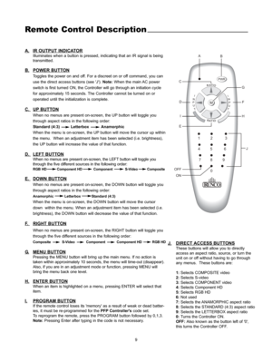 Page 129
Remote Control Description
A.IR OUTPUT INDICATOR
Illuminates when a button is pressed, indicating that an IR signal is being
transmitted.
B.POWER BUTTON
Toggles the power on and off. For a discreet on or off command, you can
use the direct access buttons (see J). Note:When the main AC power
switch is first turned ON, the Controller will go through an initiation cycle
for approximately 15 seconds. The Controller cannot be turned on or
operated until the initialization is complete. 
C. UPBUTTON
When no...