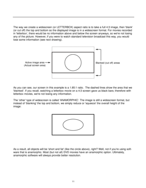 Page 13The way we create a widescreen (or LETTERBOX) aspect ratio is to take a full 4:3 image, then blank
(or cut off) the top and bottom so the displayed image is in a widescreen format. For movies recorded
in letterbox, there would be no information above and below the screen anyways, so were not losing
any of the picture. However, if you were to watch standard television broadcast this way, you would
lose some information (see next drawing).
As you can see, our screen in this example is a 1.85:1 ratio.  The...