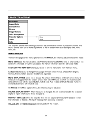 Page 1917
PROJECTOR OPTIONS
The projector options menu allows you to make adjustments to a number of projector functions. The
MENU options allow you to make adjustments to the on-screen menu such as display time, menu
items, etc.
MENU OPTIONS
There are two pages of the menu options menu. On PAGE 1,the following adjustments can be made:
MENU MODEsets the menu to either ADVANCED or BASIC/CUSTOM full time. In other words, if you
set this for Advanced, every time you access the menu it will always be in the...