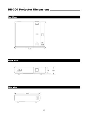 Page 26DR-300 Projector Dimensions
13.2114.028 3.398 16.186
Top View
Front View
Side View
Status
Power
24 