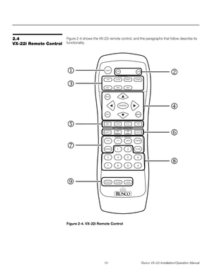 Page 2410 Runco VX-22i Installation/Operation Manual
PREL
IMINARY
2.4 
VX-22i Remote Control
Figure 2-4 shows the VX-22i remote control, and the paragraphs that follow describe its 
functionality.
Figure 2-4. VX-22i Remote Control
FOCUS   LENSZOOM
LIGHT
OFF ON
VID S-VID HDMI1
HD2SOURCE
PICTURE MEMORY
ASPECT RATIO
HD1
INFO
ENTER
EXIT MENU
BRT
CUST1 CUST2CONT COL TINTHD3HDMI2
ISF
DAY ISF
NIGHT
16:9VWIDE LBOX 4:3
CINEMA
VCINE
FOCUSZOOM
2
1
5
46 3
9
80 7
LENS
6
1
52
4 3
8
7
9 