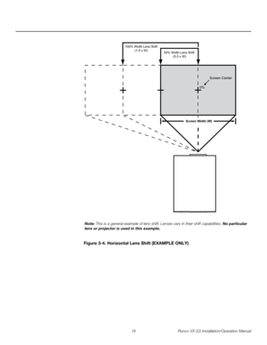 Page 3218 Runco VX-22i Installation/Operation Manual
PREL
IMINARY
Figure 3-4. Horizontal Lens Shift (EXAMPLE ONLY)
0%Screen Center
100% Width Lens Shift
(1.0 x W)
50% Width Lens Shift 
(0.5 x W)
Screen Width (W)
Note: This is a general example of lens shift. Lenses vary in their shift capabilities. No particular 
lens or projector is used in this example. 