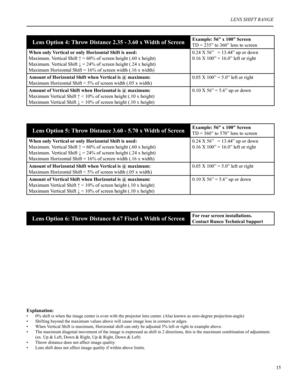 Page 1615
LENS SHIFT RANGE
Lens Option 4: Throw Distance 2.35 - 3.60 x Width of ScreenExample: 56” x 100” Screen
TD = 235” to 360” lens to screen
When only Vertical or only Horizontal Shift is used:
Maximum. Vertical Shift ↑ = 60% of screen height (.60 x height)
Maximum. Vertical Shift ↓ = 24% of screen height (.24 x height)
Maximum Horizontal Shift = 16% of screen width (.16 x width) 
0.24 X 56”   = 13.44” up or down
0.16 X 100” = 16.0” left or right
Amount of Horizontal Shift when Vertical is @ maximum:...