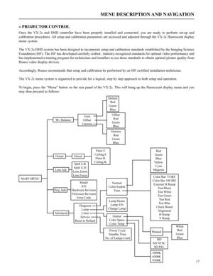 Page 1817
» PROJECTOR CONTROL
Once  the  VX-2c  and  DHD  controller  have  been  properly  installed  and  connected,  you  are  ready  to  perform  set-up  and 
calibration procedures. All setup and calibration parameters are accessed and adjusted through the VX-2c fluorescent display 
menu system. 
The VX-2c/DHD system has been designed to incorporate setup and calibration standards established by the Imaging Science 
Foundation (ISF). The ISF has developed carefully crafted , industry-recognized standards...