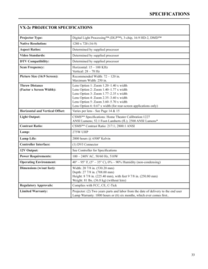 Page 34SPECIFICATIONS
33
VX-2c PROJECTOR SPECIFICATIONS
Projector Type:Digital Light Processing™ (DLP™), 3-chip, 16:9 HD-2, DMD™
Native Resolution: 1280 x 720 (16:9) 
Aspect Ratios: Determined by supplied processor
Video Standards: Determined by supplied processor
DTV Compatibility: Determined by supplied processor
Scan Frequency:Horizontal: 15 – 100 KHz
Vertical: 28 – 78 Hz
Picture Size (16:9 Screen):Recommended Width: 72 – 120 in.
Maximum Width: 250 in. 
Throw Distance    
(Factor x Screen Width):
Lens Option...