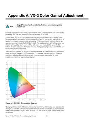 Page 85Runco VX-2cx/VX-2dcx Owner’s Operating Manual A-1 
PREL
IMINARY
For most applications, the Display Color controls in the Calibration menu are adequate for 
producing accurate and realistic colors from a variety of sources. 
In rare cases, though, you may need more precise control over the VX-2 display color 
gamut (range). For example, you may require a unique color gamut for a given projector or 
application. In such cases, you can access the VX-2’s color gamut controls directly (as 
opposed to going...