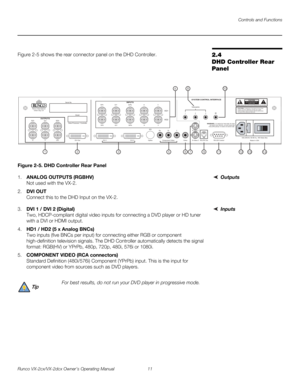 Page 23Controls and Functions
Runco VX-2cx/VX-2dcx Owner’s Operating Manual 11 
PREL
IMINARY
2.4 
DHD Controller Rear 
Panel
Figure 2-5 shows the rear connector panel on the DHD Controller.
Figure 2-5. DHD Controller Rear Panel
Outputs1.ANALOG OUTPUTS (RGBHV) 
Not used with the VX-2. 
2.DVI OUT 
Connect this to the DHD Input on the VX-2. 
Inputs3.DVI 1 / DVI 2 (Digital) 
Two, HDCP-compliant digital video inputs for connecting a DVD player or HD tuner 
with a DVI or HDMI output.
4.HD1 / HD2 (5 x Analog BNCs)...