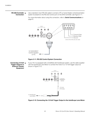 Page 44Installation
32 Runco VX-2cx/VX-2dcx Owner’s Operating Manual
PREL
IMINARY
RS-232 Controller 
Connection
Use a standard, 9-pin RS-232 cable to connect a PC or home theater control/automation 
system (if present) to the RS-232 Control port on the DHD Controller; see 
Figure 3-11. 
For more information about using this connection, refer to Serial Communications on 
page 61.
Figure 3-11. RS-232 Control System Connection
Connecting 12-Volt 
Trigger Outputs to 
External 
Theater 
Equipment 
If your VX-2 is...