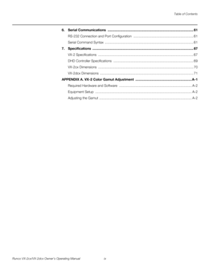 Page 9Table of Contents
Runco VX-2cx/VX-2dcx Owner’s Operating Manual ix 
PREL
IMINARY
6.Serial Communications  .......................................................................................... 61
RS-232 Connection and Port Configuration  ............................................................... 61
Serial Command Syntax  ............................................................................................. 61
7.Specifications...