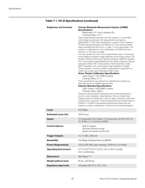 Page 56Specifications
46 Runco VX-2i Owner’s Operating Manual
Brightness and Contrast: Cinema Standards Measurement System (CSMS) 
Specifications
- Brightness: 52.1 foot-Lamberts (fL)
- Contrast Ratio: 217:1
These measurements are taken from the projector in a controlled, 
home theater environment. All measurements are made to 
ANSI/NAPM IT7.228-1997 specifications using the Photo Research 
PR-650 SpectraColorimeter and Minolta LS-100 Luminance Meter, 
Video Essentials test DVD and a 1.3 gain, 72-inch wide...