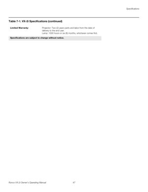 Page 57Specifications
Runco VX-2i Owner’s Operating Manual 47 
Limited Warranty: Projector: Two (2) years parts and labor from the date of 
delivery to the end user.
Lamp: 1000 hours or six (6) months, whichever comes first. 
Specifications are subject to change without notice. 
Table 7-1. VX-2i Specifications (continued) 