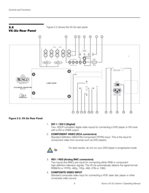 Page 18Controls and Functions
6 Runco VX-2ix Owner’s Operating Manual
2.2 
VX-2ix Rear Panel
Figure 2-2 shows the VX-2ix rear panel. 
Figure 2-2. VX-2ix Rear Panel
1.DVI 1 / DVI 2 (Digital) 
Two, HDCP-compliant digital video inputs for connecting a DVD player or HD tuner 
with a DVI or HDMI output.
2.COMPONENT VIDEO (RCA connectors) 
Standard Definition (480i/576i) Component (YPrPb) input. This is the input for 
component video from sources such as DVD players.
3.HD1 / HD2 (Analog BNC connectors) 
Two inputs...