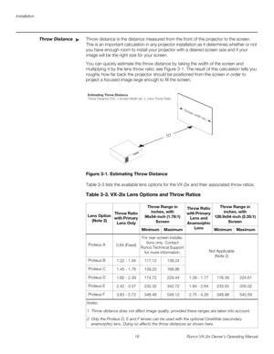 Page 28Installation
16 Runco VX-2ix Owner’s Operating Manual
Throw DistanceThrow distance is the distance measured from the front of the projector to the screen. 
This is an important calculation in any projector installation as it determines whether or not 
you have enough room to install your projector with a desired screen size and if your 
image will be the right size for your screen.
You can quickly estimate the throw distance by taking the width of the screen and 
multiplying it by the lens throw ratio;...