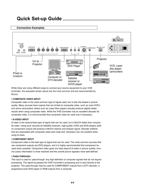 Page 101While there are many different ways to connect your source equipment to your VHD
Controller, the examples shown above are the most common and are recommended by
Runco.
• COMPOSITE VIDEO INPUT:
Composite video is the most common type of signal used, but is also the lowest in picture
quality. Many sources have outputs that are limited to composite video, such as most VCR’s
and some camcorders; others such as Laser Disc players actually produce slightly better
results when using composite video. While the...