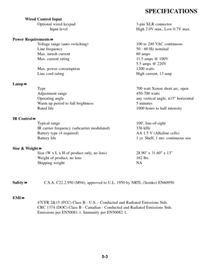 Page 915-3
SPECIFICATIONS
Wired Control InputOptional wired keypad 3-pin XLR connectorInput level High 2.0V min., Low 0.7V max.
Power Requirements !
Voltage range (auto switching) 100 to 240 VAC continuous 
Line frequency 50 - 60 Hz nominal
Max. inrush current 60 amps
Max. current rating 11.5 amps @ 100V
5.5 amps @ 220V
Max. power consumption 1200 watts
Line cord rating High current, 13 amp
Lamp !
Type 700 watt Xenon short arc, open 
Adjustment range 450-700 watts
Operating angle any vertical angle, ±15°...