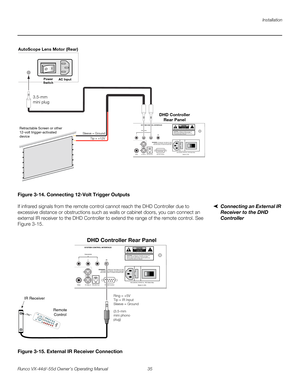 Page 47Installation
Runco VX-44d/-55d Owner’s Operating Manual 35 
PREL
IMINARY
Figure 3-14. Connecting 12-Volt Trigger Outputs
Connecting an External IR 
Receiver to the DHD 
Controller
If infrared signals from the remote control cannot reach the DHD Controller due to 
excessive distance or obstructions such as walls or cabinet doors, you can connect an 
external IR receiver to the DHD Controller to extend the range of the remote control. See 
Figure 3-15. 
Figure 3-15. External IR Receiver Connection
Tip =...