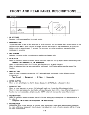 Page 82FRONT AND REAR PANEL DESCRIPTIONS
Front Panel
MULTIFILM
Menu
12
3457
869
RUNCO
1. IR  RECEIVER
Receives the IR commands from the remote control.
2. POWER BUTTON
Toggles the power on and off. For a discreet on or off command, you can use the direct access buttons on the
remote control. NOTE:When the main AC power switch is first turned ON, the processor will go through an
initiation cycle for approximately 15 seconds. The processor cannot be turned on or operated until the
initialization is complete
3....