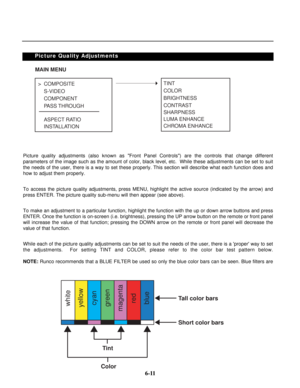 Page 88Picture quality adjustments (also known as Front Panel Controls) are the controls that change different
parameters of the image such as the amount of color, black level, etc.  While these adjustments can be set to suit
the needs of the user, there is a way to set these properly. This section will describe what each function does and
how to adjust them properly.
To access the picture quality adjustments, press MENU, highlight the active source (indicated by the arrow) and
press ENTER. The picture quality...