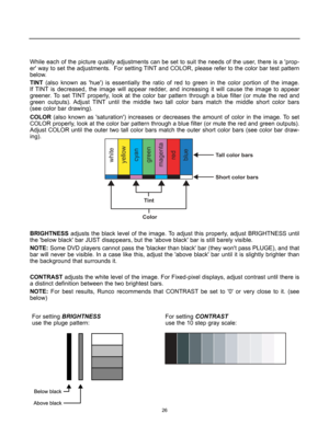 Page 2826
While each of the picture quality adjustments can be set to suit the needs of the user, there is a prop-
er way to set the adjustments.  For setting TINT and COLOR, please refer to the color bar test pattern
below.
TINT(also known as hue) is essentially the ratio of red to green in the color portion of the image.
If TINT is decreased, the image will appear redder, and increasing it will cause the image to appear
greener. To set TINT properly, look at the color bar pattern through a blue filter (or...