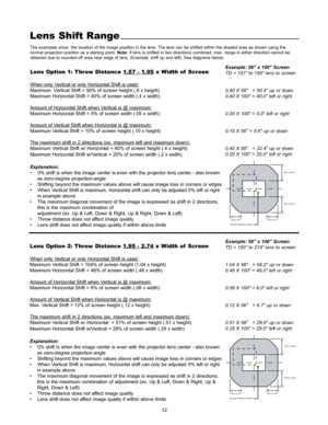 Page 1412
Lens Option 1: Throw Distance 1.57 - 1.95x Width of Screen
When only Vertical or only Horizontal Shift is used:
Maximum. Vertical Shift = 90% of screen height (.9 x height)
Maximum Horizontal Shift = 40% of screen width (.4 x width)
Amount of Horizont
al Shift when Vertical is @ maximum:
Maximum Horizontal Shift = 5% of screen width (.05 x width)
Amount of V
ertical Shift when Horizontal is @ maximum:
Maximum Vertical Shift = 10% of screen height (.10 x height)
The maximum shif
t in 2 directions (ex....