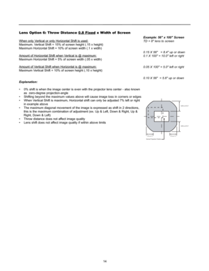 Page 1614
Lens Option 6: Throw Distance 0.8 Fixedx Width of Screen
When only Vertical or only Horizontal Shift is used:
Maximum. Vertical Shift = 15% of screen height (.15 x height)
Maximum Horizontal Shift = 10% of screen width (.1 x width)
Amount of Horizont
al Shift when Vertical is @ maximum:
Maximum Horizontal Shift = 5% of screen width (.05 x width)
Amount of V
ertical Shift when Horizontal is @ maximum:
Maximum Vertical Shift = 10% of screen height (.10 x height)
Explanation:
•    0% shift is when the...