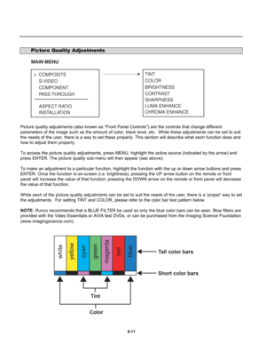 Page 103Picture quality adjustments (also known as Front Panel Controls) are the controls that change different
parameters of the image such as the amount of color, black level, etc.  While these adjustments can be set to suit
the needs of the user, there is a way to set these properly. This section will describe what each function does and
how to adjust them properly.
To access the picture quality adjustments, press MENU, highlight the active source (indicated by the arrow) and
press ENTER. The picture quality...