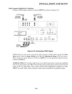 Page 192-13
INSTALLATION AND SETUP
YPbPr Signal (COMPONENT VIDEO)
Connect a YPbPr signal (component video) to INPUT 1as shown in Figure 2.12.
Figure 2.12. Connecting YPbPr Signal
NOTES: 1)If, for some reason, the projector fails recognize a YPbPr signal, specify this Color
Spaceoption within the Image Settingsmenu. See 3.6, Adjusting the Image. 2)Do not connect
digital component signals (known as YCbCr) to INPUT 1. Use the appropriate digital interface
installed at INPUT 2.
AUDIO for INPUT 1:To control audio...