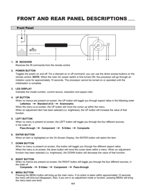 Page 97FRONT AND REAR PANEL DESCRIPTIONS
Front Panel
MULTIFILM
Menu
12
3457
869
RUNCO
1. IR  RECEIVER
Receives the IR commands from the remote control.
2. POWER BUTTON
Toggles the power on and off. For a discreet on or off command, you can use the direct access buttons on the
remote control. NOTE:When the main AC power switch is first turned ON, the processor will go through an
initiation cycle for approximately 15 seconds. The processor cannot be turned on or operated until the
initialization is complete
3....