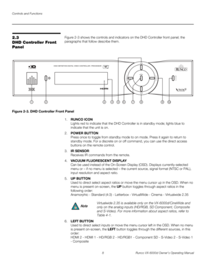 Page 20Controls and Functions
8 Runco VX-6000d Owner’s Operating Manual
PREL
IMINARY
2.3 
DHD Controller Front 
Panel
Figure 2-3 shows the controls and indicators on the DHD Controller front panel; the 
paragraphs that follow describe them. 
Figure 2-3. DHD Controller Front Panel
1.RUNCO ICON 
Lights red to indicate that the DHD Controller is in standby mode; lights blue to 
indicate that the unit is on. 
2.POWER BUTTON 
Press once to toggle from standby mode to on mode. Press it again to return to 
standby...