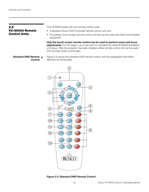 Page 24Controls and Functions
12 Runco VX-6000d Owner’s Operating Manual
PREL
IMINARY
2.5 
VX-6000d Remote 
Control Units
The VX-6000d ships with two remote control units:
 A standard Runco DHD Controller remote control unit; and
 A universal, touch-screen remote control unit that can be used with other home theater 
equipment. 
Only the touch-screen remote control can be used to perform zoom and focus 
adjustments. For this reason, you must use it to complete the initial VX-6000d installation 
and setup....