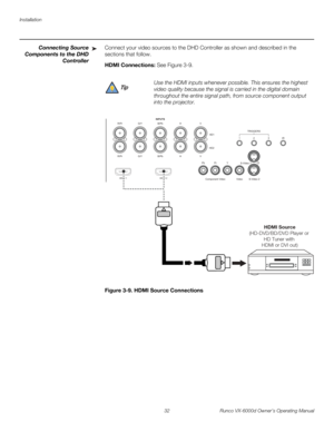 Page 44Installation
32 Runco VX-6000d Owner’s Operating Manual
PREL
IMINARY
Connecting Source 
Components to 
the DHD 
Controller 
Connect your video sources to the DHD Controller as shown and described in the 
sections that follow. 
HDMI Connections: See Figure 3-9. 
Figure 3-9. HDMI Source Connections
➤
Use the HDMI inputs whenever possible. This ensures the highest 
video quality because the signal is carried in the digital domain 
throughout the entire signal path, from source component output 
into the...