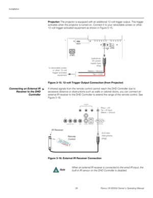 Page 50Installation
38 Runco VX-6000d Owner’s Operating Manual
PREL
IMINARY
Projector: The projector is equipped with an additional 12-volt trigger output. This trigger 
activates when the projector is turned on. Connect it to your retractable screen or other, 
12-volt trigger-activated equipment as shown in 
Figure 3-15. 
Figure 3-15. 12-volt Trigger Output Connection (from Projector)
Connecting an External IR 
Receiver to the DHD 
Controller
If infrared signals from the remote control cannot reach the DHD...