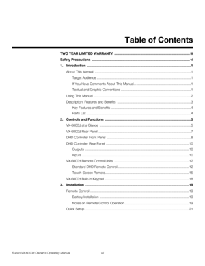 Page 7Runco VX-6000d Owner’s Operating Manual vii 
1Table of Contents
PREL
IMINARY
TWO YEAR LIMITED WARRANTY  ................................................................................. iii
Safety Precautions  ......................................................................................................... vi
1.Introduction ............................................................................................................... 1
About This Manual...