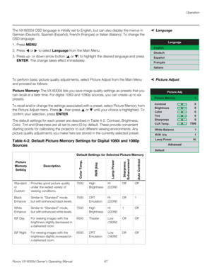 Page 79Operation
Runco VX-6000d Owner’s Operating Manual 67 
PREL
IMINARY
LanguageThe VX-6000d OSD language is initially set to English, but can also display the menus in 
German (Deutsch), Spanish (Español), French (Français) or Italian (Italiano). To change the 
OSD language:
1. Press MENU.
2. Press  or  to select Language from the Main Menu.
3. Press up- or down-arrow button ( or ) to highlight the desired language and press 
ENTER. The change takes effect immediately. 
Picture AdjustTo perform basic picture...