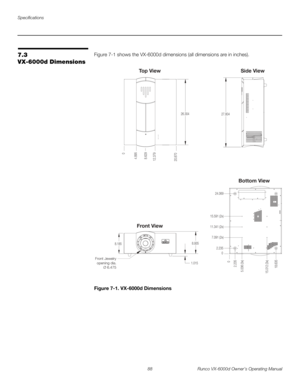 Page 100Specifications
88 Runco VX-6000d Owner’s Operating Manual
PRELI
MINARY
7.3 
VX-6000d Dimensions
Figure 7-1 shows the VX-6000d dimensions (all dimensions are in inches). 
Figure 7-1. VX-6000d Dimensions
0
4.895
12.379
20.870
26.304
8.935
8.185
1.015
0
2.235
5.036 (3x)
15.012 (3x)
18.635
0 24.069
15.591 (2x)
11.341 (2x)
7.091 (2x)
2.23527.804
8.629
Front Jewelry
opening dia.
Ø 6.475
Front ViewTop View Side View
Bottom View 