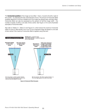 Page 19
11Runco VX-40d/-50d/-60d/-80d Owner’s Operating ManualSection 2: Installation and Setup

The 
horizontal position of the image can be offset – that is, moved to the left or right of 
lens center – by adjusting the fully motorized lens mount. The amount of horizontal offset 
available depends on the lens installed and if the image has already been vertically offset. 
Horizontal  offset  can  also  be  expressed  as  the  percent  of  half  the  image  width  –  the 
number  of  pixels  of  shift  to  one...
