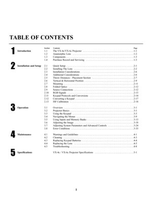 Page 3TABLE OF CONTENTS
Section ContentsPage
Introduction1.1 The VX-4c/VX-6c Projector  . . . . . . . . . . . . . . . . . . . . . . . . . . . . . . . . . . . . . . . 1-1
1.2 Anamorphic Lens  . . . . . . . . . . . . . . . . . . . . . . . . . . . . . . . . . . . . . . . . . . . . . . . 1-2
1.3 Components . . . . . . . . . . . . . . . . . . . . . . . . . . . . . . . . . . . . . . . . . . . . . . . . . . . . 1-3
1.4 Purchase Record and Servicing  . . . . . . . . . . . . . . . . . . . . . . . . . . . . . . . . . ....