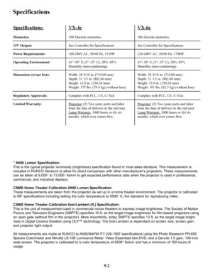 Page 77Specifications:
Memories:
12V Output:
Power Requirements:
Operating Environment:
Dimensions (w/out feet):
Regulatory Approvals:
Limited Warranty:
VX-4c
100 Discrete memories
See Controller for Specifications
100-240V AC, 50/60 Hz, 1150W
41°–95° F, (5°–35° C), 20%–85% 
Humidity (non-condensing)
Width: 28 9/10 in. (734.00 mm)
Depth: 31 3/5 in. (802.60 mm)
Height: 13.0 in. (330.20 mm)
Weight: 175 lbs. (79.4 kg) (without lens)
Complies with FCC, CE, C-Tick
Projector:
(2) Two years parts and labor
from the...