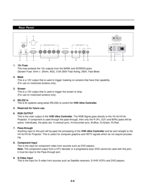 Page 831. 12v Fuse
This fuse protects the 12v outputs from the MASK and SCREEN jacks.
(Screen Fuse: 5mm x  25mm, AGC, 0.5A 250V Fast Acting, 250V, Fast Blow)
2. Mask
This is a 12V output that is used to trigger masking on screens that have that capability.
(For use on motorized screens only).
3. Screen
This is a 12V output that is used to trigger the screen to drop.                      
(For use on motorized screens only).
4. RS-232 In 
This is for systems using serial (RS-232) to control the VHD Ultra...