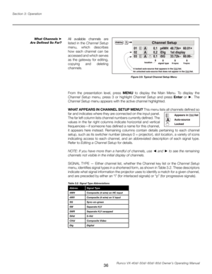 Page 44
36Runco VX-40d/-50d/-60d/-80d Owner’s Operating Manual
Section 3: Operation

All  available  channels  are 
listed in the 
Channel Setup
 
menu,  which  describes 
how  each  channel  can  be 
accessed and which serves 
as  the  gateway  for  editing, 
copying  and  deleting 
channels.
From  the  presentation  level,  press 
MENU  to  display  the  Main  Menu.  To  display  the 
Channel  Setup  menu,  press  3  or  highlight  Channel  Setup  and  press 
Enter or ►.  The 
Channel Setup menu appears with...