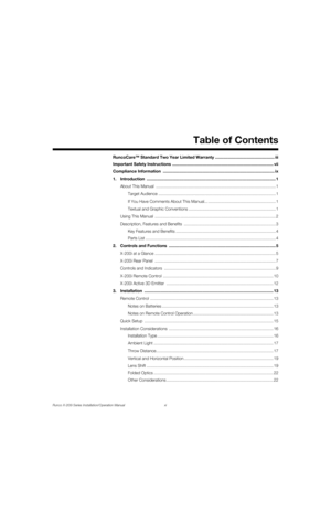 Page 11Runco X-200i Series Installation/Operation Manual xi 
1Table of Contents
PREL
IMINARY
RuncoCare™ Standard Two Year Limited Warranty ................................................... iii
Important Safety Instructions ....................................................................................... vii
Compliance Information ................................................................................................ ix
1. Introduction...