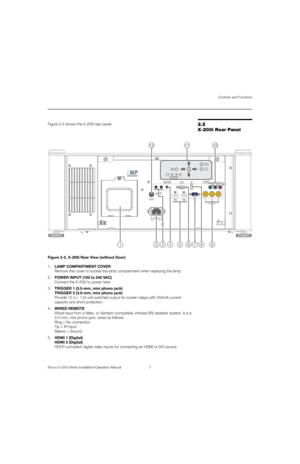 Page 23Controls and Functions
Runco X-200i Series Installation/Operation Manual 7 
PREL
IMINARY
2.2 
X-200i Rear Panel
Figure 2-2 shows the X-200i rear panel.
Figure 2-2. X-200i Rear View (without Door)
1.LAMP COMPARTMENT COVER 
Remove this cover to access the lamp compartment when replacing the lamp.
2.POWER INPUT (100 to 240 VAC) 
Connect the X-200i to power here. 
3.TRIGGER 1 (3.5-mm, mini phono jack) 
TRIGGER 2 (3.5-mm, mini phono jack) 
Provide 12 (+/- 1.5) volt switched output for screen relays with 250mA...