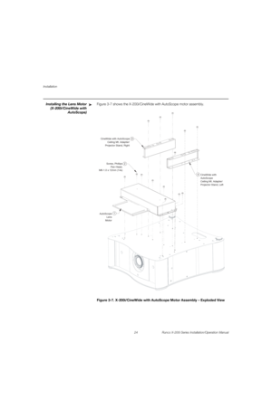 Page 40Installation
24 Runco X-200i Series Installation/Operation Manual
PREL
IMINARY
Installing the Lens Motor 
(X-200i/CineWide with 
AutoScope)
Figure 3-7 shows the X-200i/CineWide with AutoScope motor assembly. 
Figure 3-7. X-200i/CineWide with AutoScope Motor Assembly – Exploded View
➤
4 Screw, Phillips
Pan-Head,
M6-1.0 x 12mm (14x)
1
AutoScope 
Lens
Motor23
CineWide with 
AutoScope
Ceiling Mt. Adapter/
Projector Stand, Left CineWide with AutoScope
Ceiling Mt. Adapter/
Projector Stand, Right 