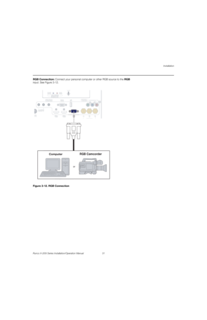 Page 47Installation
Runco X-200i Series Installation/Operation Manual 31 
PREL
IMINARY
RGB Connection: Connect your personal computer or other RGB source to the RGB 
input. See 
Figure 3-12. 
Figure 3-12. RGB Connection
SYNC3D SY
RS-232RS-232USBUSB COMPONENT 1COMPONENT 1
12V TRIGGERIII12V TRIGGER
WIRED REMOTEWIRED REMOTE
HDMI 2HDMI 2RGBRGBYYPbPbPrPrHDMI 1HDMI 1COMPONENT 2
POWERPOWERISSUEISSUELED STATUSLED STATUS
SYNC3D SY
RS-232RS-232USBUSB COMPONENT1COMPONENT1
12V TRIGGERIII12V TRIGGER
WIRED REMOTEWIRED...