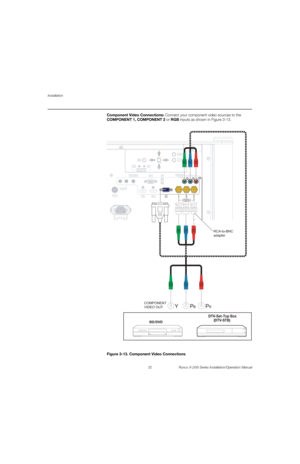 Page 48Installation
32 Runco X-200i Series Installation/Operation Manual
PREL
IMINARY
Component Video Connections: Connect your component video sources to the 
COMPONENT
 1, COMPONENT 2 or RGB inputs as shown in Figure 3-13. 
 
Figure 3-13. Component Video Connections
3D SYNC3D SYNC
RS-232RS-232USBUSB COMPONENT 1COMPONENT 1
12V TRIGGERIII12V TRIGGER
WIRED REMOTEWIRED REMOTE
HDMI 2HDMI 2RGBRGBYYPbPbPrPrHDMI 1HDMI 1COMPONENT 2COMPONENT 2
POWERSOURCE
SOURCPOWER
ISSUEISSUE
POWERPOWER
LED STATUSLED STATUS
3D SYNC3D...