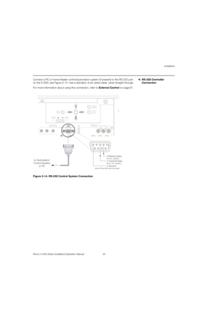 Page 49Installation
Runco X-200i Series Installation/Operation Manual 33 
PREL
IMINARY
RS-232 Controller 
Connection 
Connect a PC or home theater control/automation system (if present) to the RS-232 port 
on the X-200i; see 
Figure 3-14. Use a standard, 9-pin serial cable, wired straight-through.
For more information about using this connection, refer to External Control on page 81.
Figure 3-14. RS-232 Control System Connection
RS-232RS-232USBUSB COMPONENT 1COMPONENT 1
IIIWIRED REMOTE
WIRED REMOTE
POWERSOURCE...