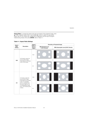 Page 69Operation
Runco X-200i Series Installation/Operation Manual 53 
PREL
IMINARY
Aspect Ratio: To change the aspect ratio (size and shape) of the projected image, press 
 or  to highlight Aspect Ratio. Use the  or  buttons to select the appropriate 
aspect ratio for your screen size, installed lens configuration and the type of program 
material being viewed, then press ENTER; refer to Table 4-1. 
Table 4-1. Aspect Ratio Settings 
Aspect 
Ratio 
Setting
Description
Aspect 
Ratio of 
Source 
SignalGeometry of...