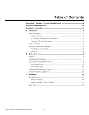Page 11Runco X-400d/X-450d Installation/Operation Manual xi 
1Table of Contents
PREL
IMINARY
RuncoCare™ Standard Two Year Limited Warranty ................................................... iii
Important Safety Instructions ....................................................................................... vii
Compliance Information ................................................................................................ ix
1. Introduction...