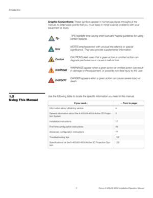 Page 18Introduction
2 Runco X-400d/X-450d Installation/Operation Manual
PREL
IMINARY
Graphic Conventions: These symbols appear in numerous places throughout the 
manual, to emphasize points that you must keep in mind to avoid problems with your 
equipment or injury: 
1.2 
Using This ManualUse the following table to locate the specific information you need in this manual.  TIPS highlight time-saving short cuts and helpful guidelines for using 
certain features. 
NOTES emphasize text with unusual importance or...